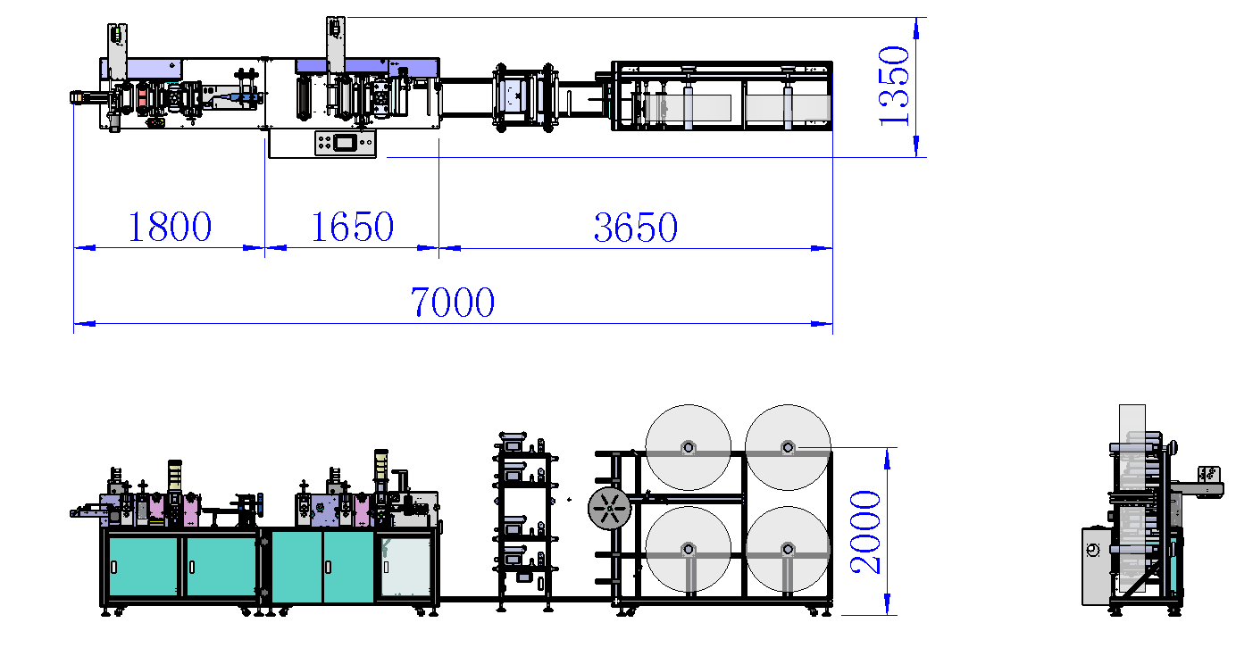 Automatic KF94 mask body machine three view drawing