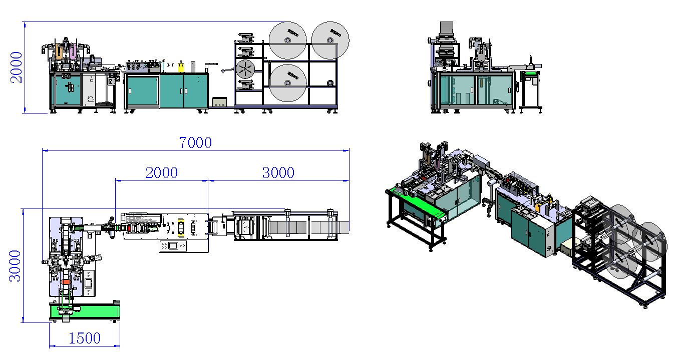 Automatic 1+1 cross head band mask machine three view drawing